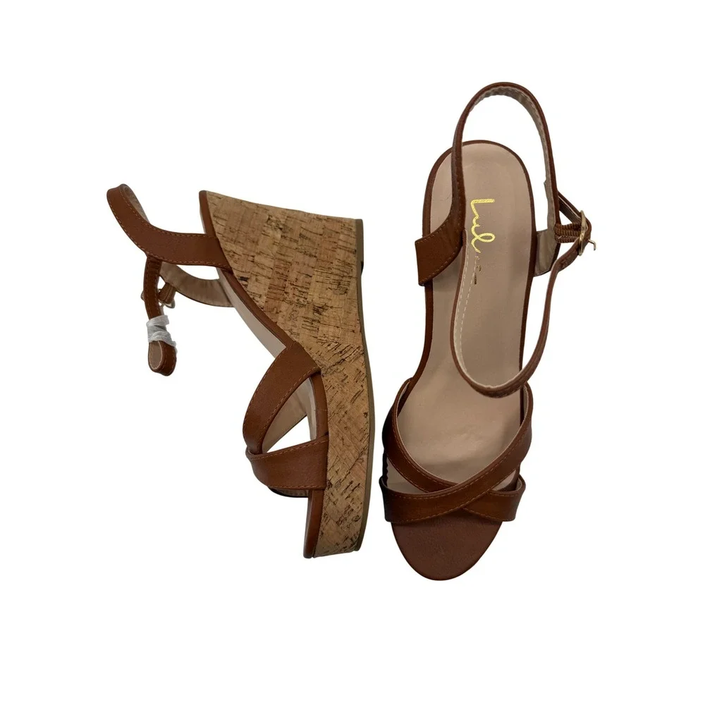 Lulus Wedge Sandals Womens 8 Brown Excellent Strappy Cork Platform Ankle Strap